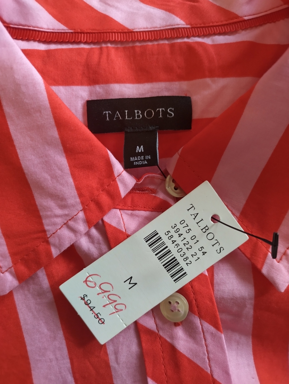 NWT Talbots Pink/Red Striped Button Up Shirt Sz M - Picture 3 of 3